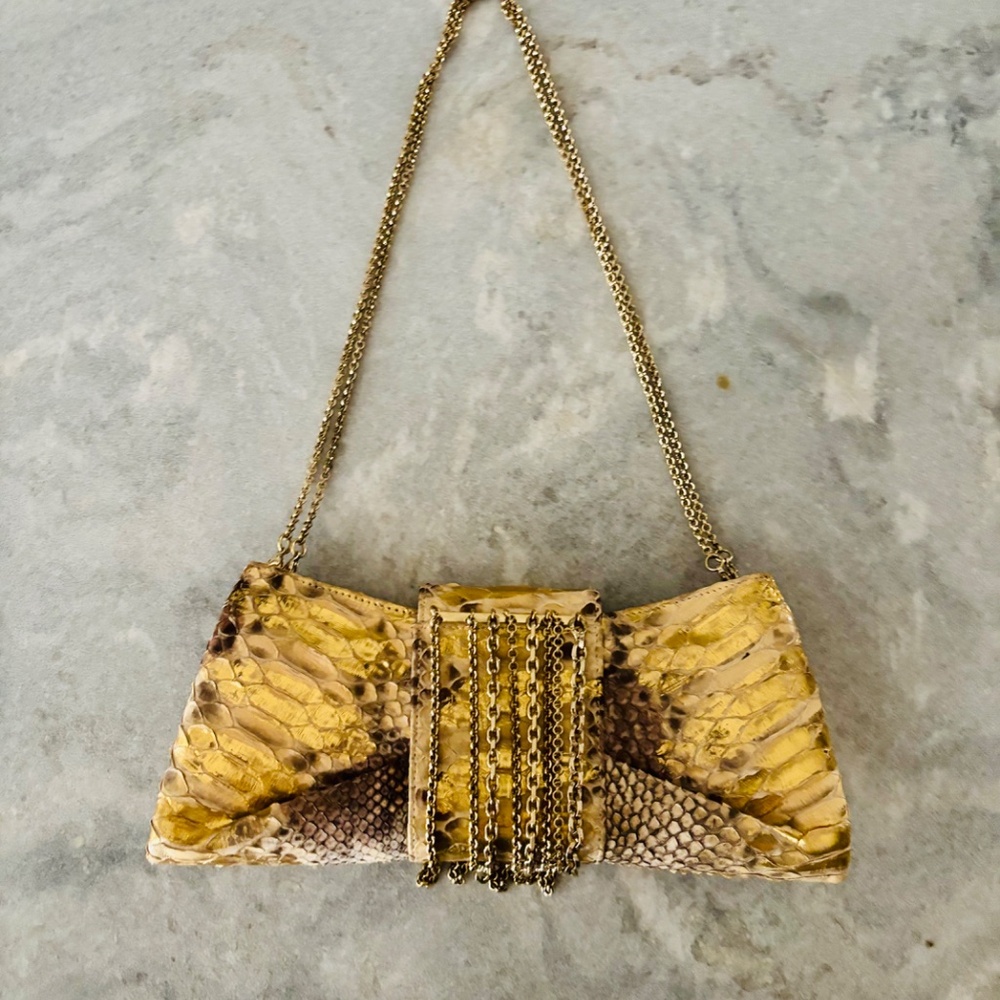 Judith Leiber Metallic Gold Python Snakeskin Purse - image 2